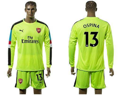 Arsenal #13 Ospina Shiny Green Goalkeeper Long Sleeves Soccer Club Jersey - Click Image to Close